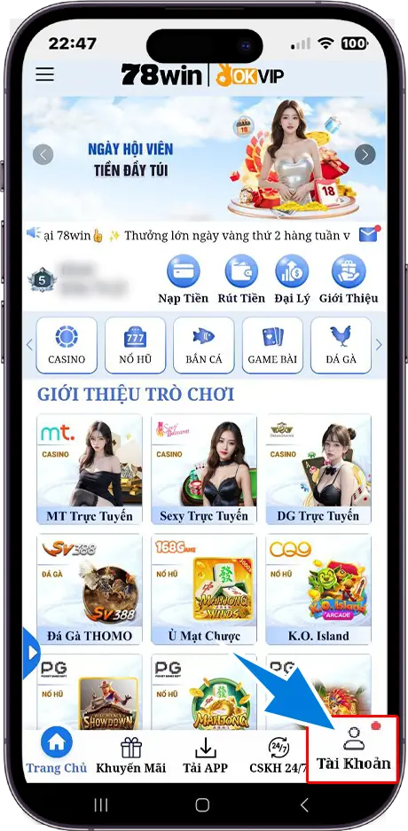 Bước 1 : Tại trang chủ chọn mục tài khoản 